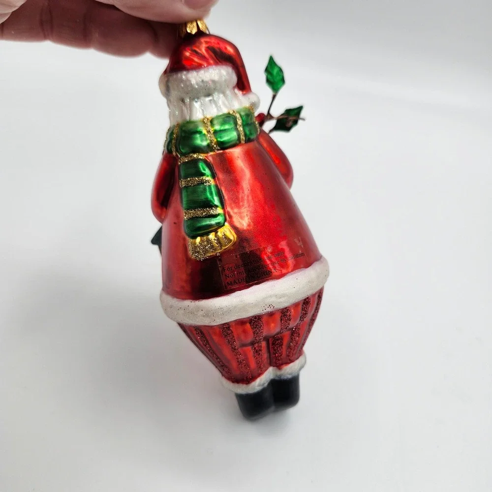 Santa with‎ Birdhouse & Holly Blown Glass Christmas Ornament Red Green Glitter